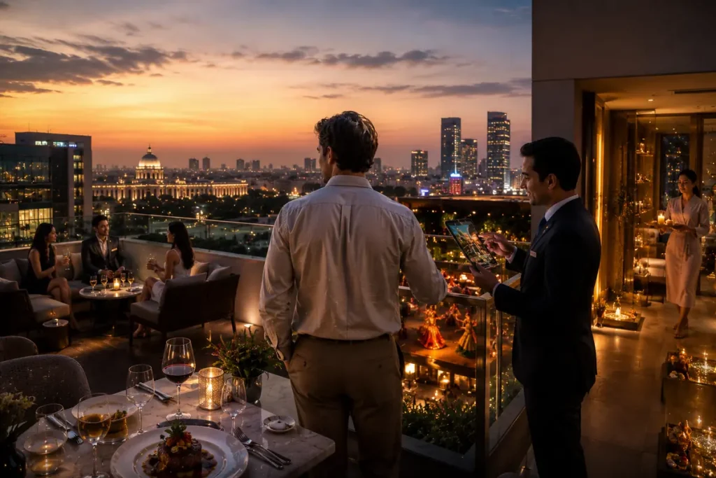 Luxury traveler overlooking Delhi evening skyline